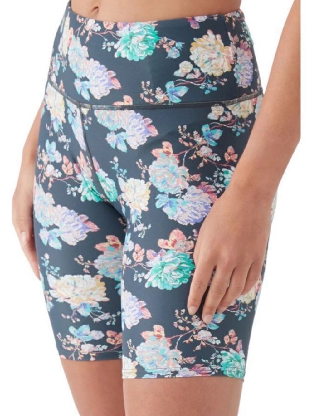 O'Neill Floral High-Rise Bike Shorts - Black with Teal, Lavender, Pink